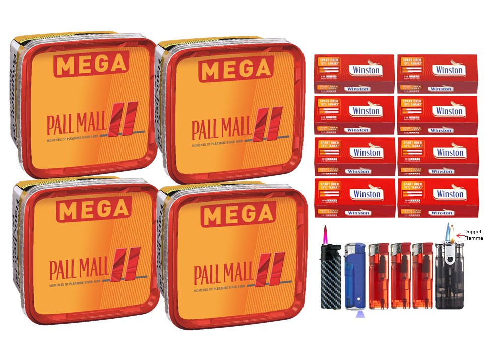 Pall Mall Mega Box 4 x 170g Volumentabak 2000 Extra Size Filterhülsen Uvm. Pall Mall Mega Box 4 x 170g Volumentabak 2000 Extra Size Filterhülsen Uvm.