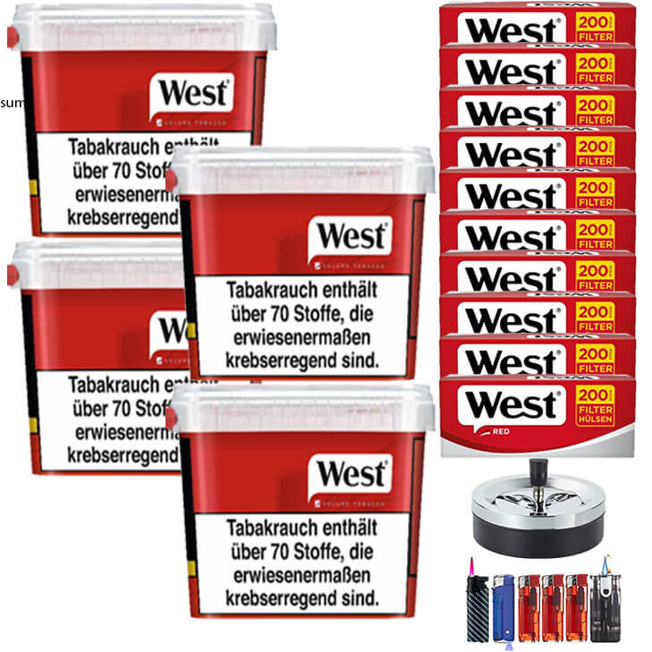 West Red 4 x 280g Volumentabak 2000 West Red Filterhülsen Uvm. West Red 4 x 280g Volumentabak 2000 West Red Filterhülsen Uvm.