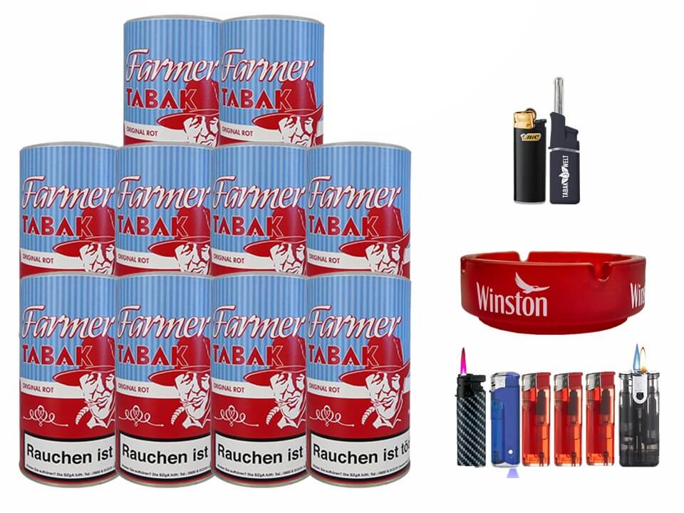 Farmer Rot 10 x 160g Pfeifentabak Feuerzeug Set Farmer Rot 10 x 160g Pfeifentabak Feuerzeug Set