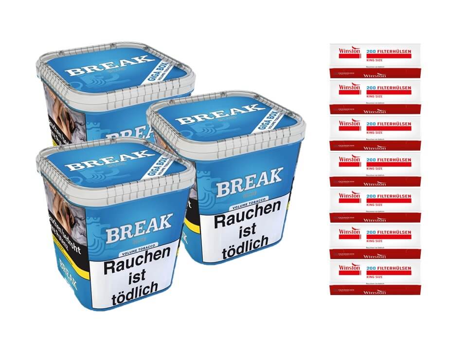 Break Blue / Blau 3 x 230g Volumentabak 1400 Filterhülsen Break Blue / Blau 3 x 230g Volumentabak 1400 Filterhülsen