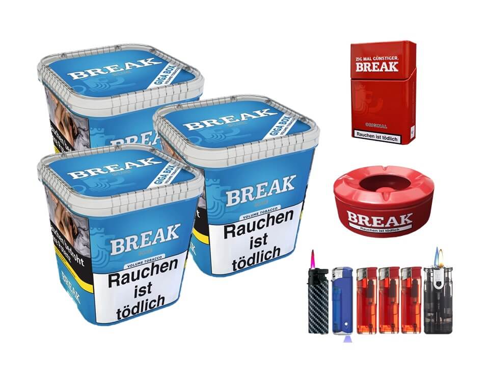 Break Blue / Blau 3 x 240g Volumentabak Feuerzeug Set Uvm. Break Blue / Blau 3 x 240g Volumentabak Feuerzeug Set Uvm.