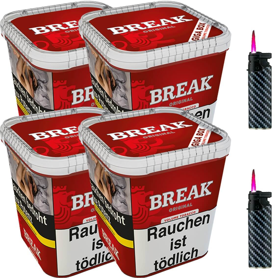 Break Original 4 x 230g Volumentabak 2 x Sturmfeuerzeuge Break Original 4 x 230g Volumentabak 2 x Sturmfeuerzeuge