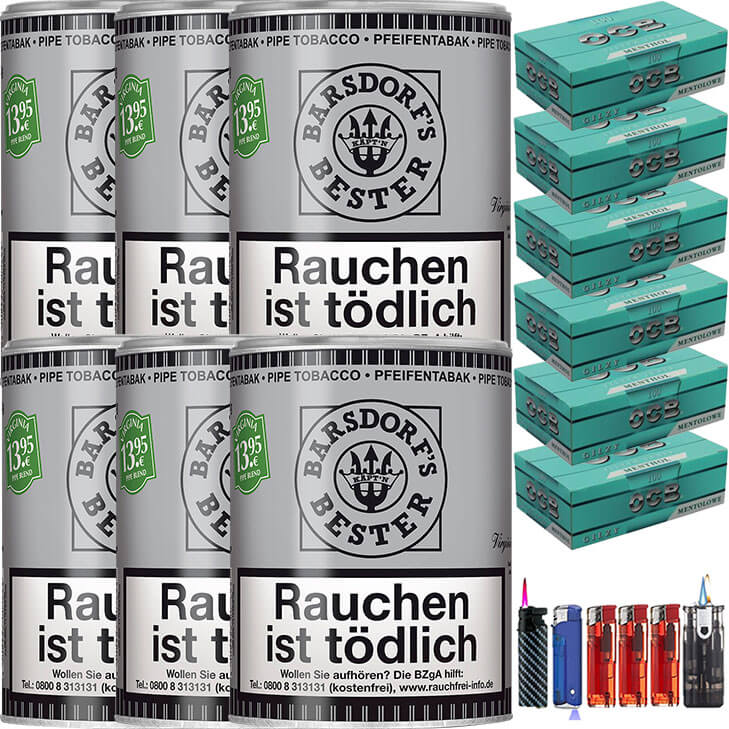 Käptn Barsdorf Bester Bright Virginia 6 x 160g Pfeifentabak 600 OCB Menthol Filterhülsen Uvm. Käptn Barsdorf Bester Bright Virginia 6 x 160g Pfeifentabak 600 OCB Menthol Filterhülsen Uvm.