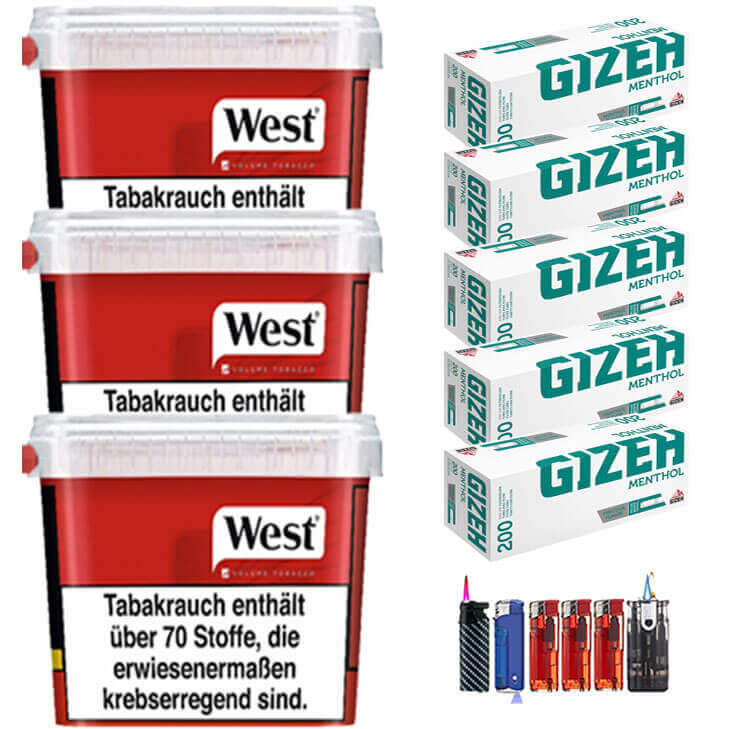West Red 3 x 280g mit 1000 Menthol King Size Hülsen West Red 3 x 280g mit 1000 Menthol King Size Hülsen