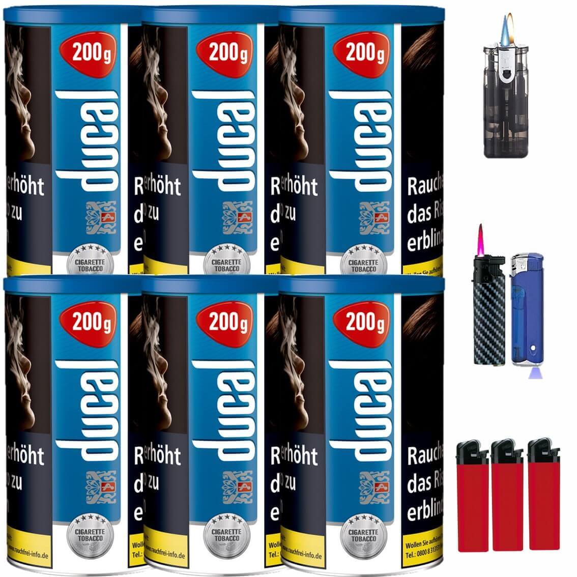 Ducal Blue / Blau 6 x 200g Feinschnitt / Zigarettentabak Feuerzeug Set Ducal Blue / Blau 6 x 200g Feinschnitt / Zigarettentabak Feuerzeug Set