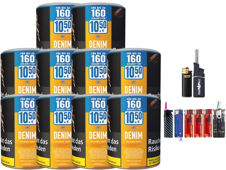 Denim XL 10 x 65g Volumentabak Feuerzeug set Denim XL 10 x 65g Volumentabak Feuerzeug set