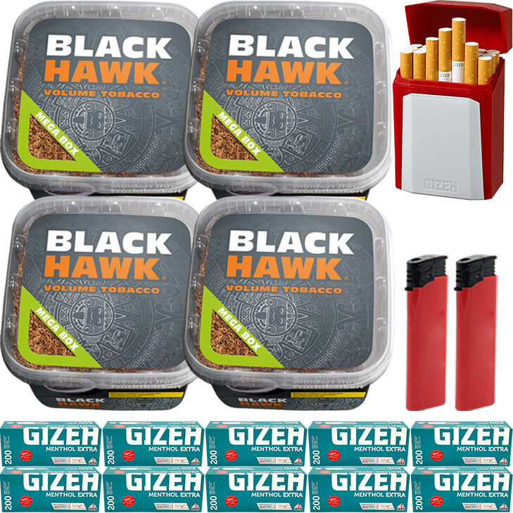 Black Hawk 4 x 230g mit 2000 Menthol Extra Hülsen Black Hawk 4 x 230g mit 2000 Menthol Extra Hülsen