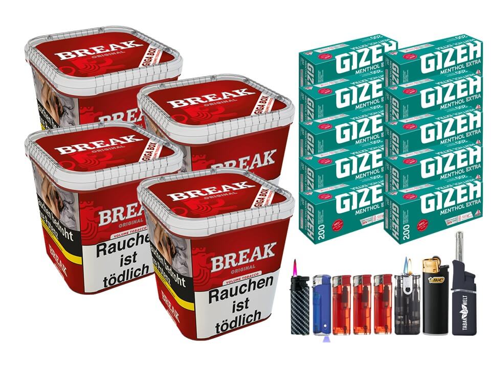 Break Original 4 x 230g Volumentabak 2000 Gizeh Menthol Extra Filterhülsen Uvm. Break Original 4 x 230g Volumentabak 2000 Gizeh Menthol Extra Filterhülsen Uvm.