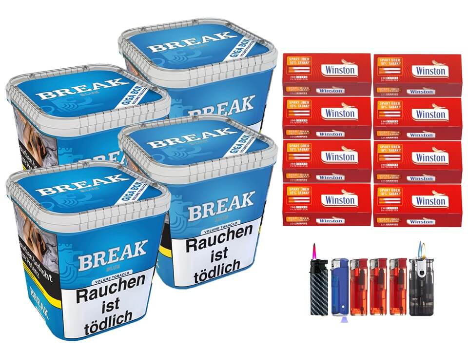 Break Blue / Blau 4 x 230g Volumentabak 2000 Extra Filterhülsen Uvm. Break Blue / Blau 4 x 230g Volumentabak 2000 Extra Filterhülsen Uvm.