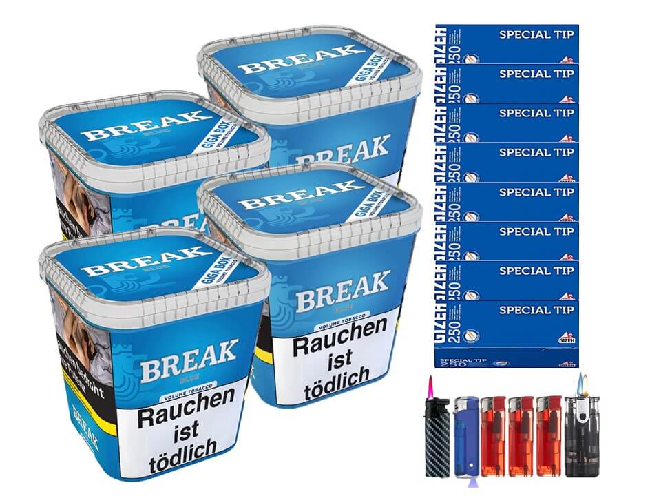 Break Blue / Blau 4 x 230g Volumentabak 2000 Filterhülsen Uvm. Break Blue / Blau 4 x 230g Volumentabak 2000 Filterhülsen Uvm.