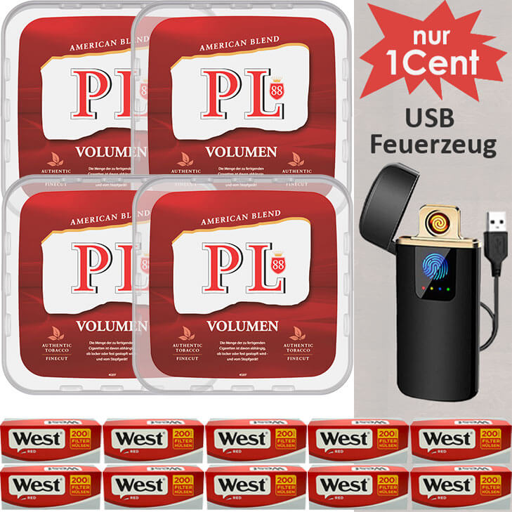 PL88 Red 4 x 400g mit 2000 King Size Hülsen und USB Feuerzeug PL88 Red 4 x 400g mit 2000 King Size Hülsen und USB Feuerzeug
