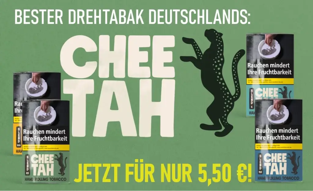 Den Cheetah Tabak kannst du jetzt zum unschlagbaren Preis in unserem Online-Shop kaufen! Preis: 5,50 Euro für 30 Gramm!