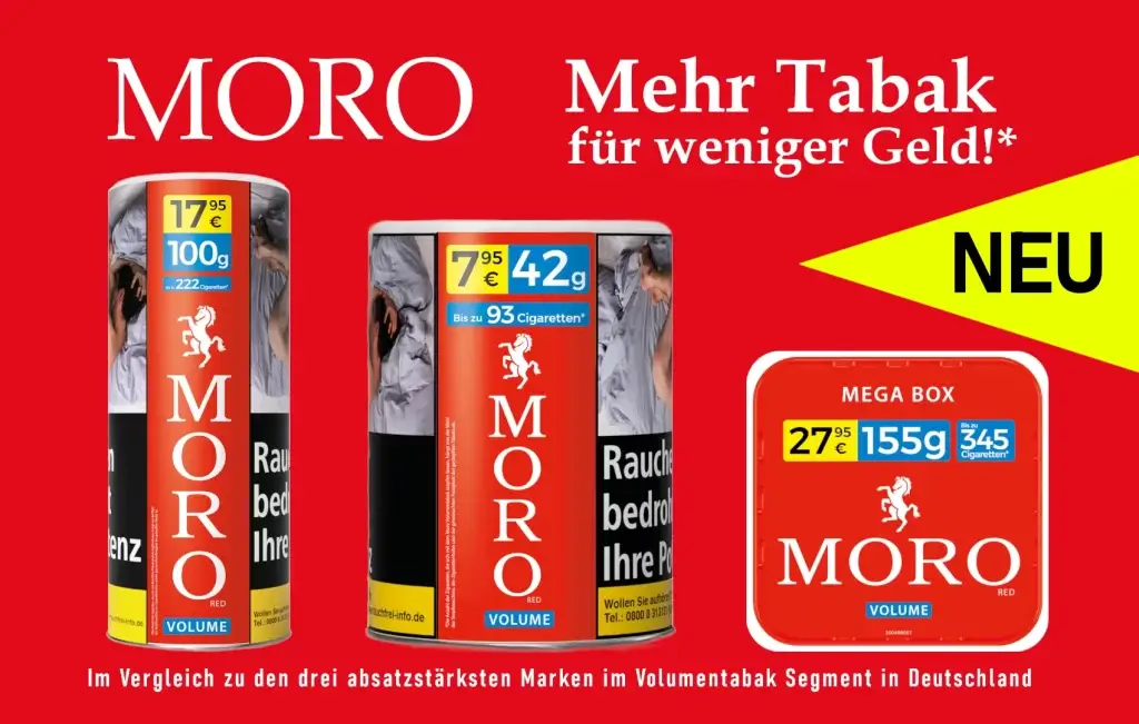 Tabak zum Drehen und Stopfen gesucht? Jetzt gibt es noch mehr Tabak für weniger Geld! Der MORO Drehtabak ist ab sofort im neuen Design erhältlich.