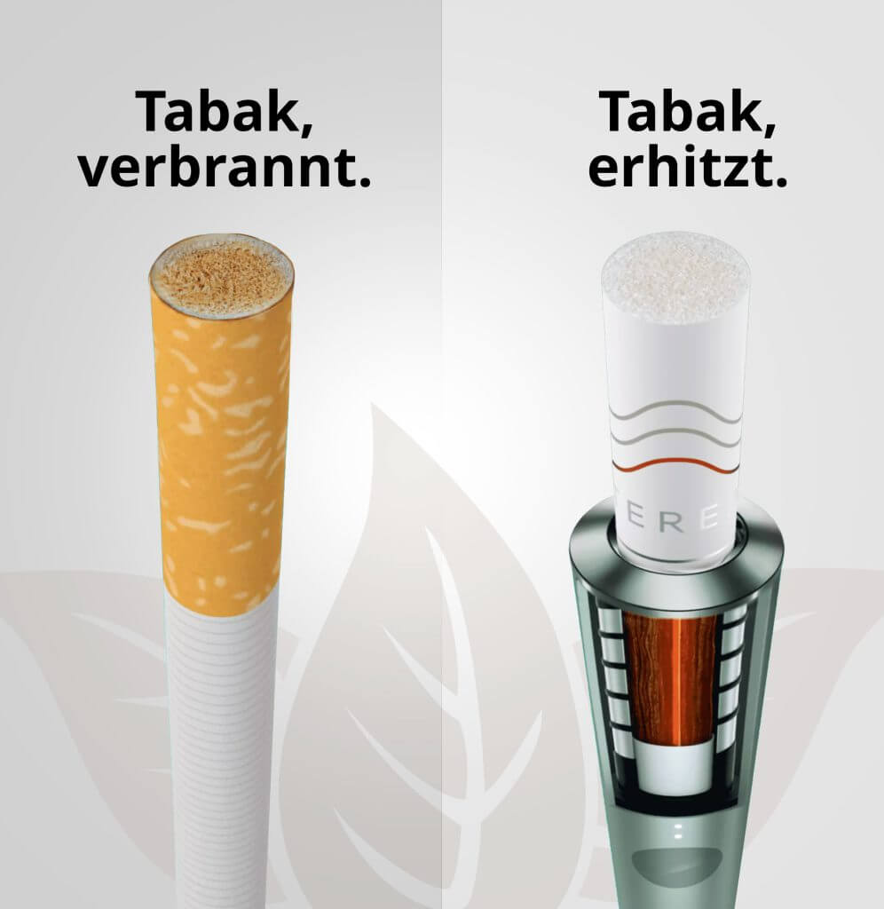 IQOS vs. Zigarette IQOS erhitzt Tabak 